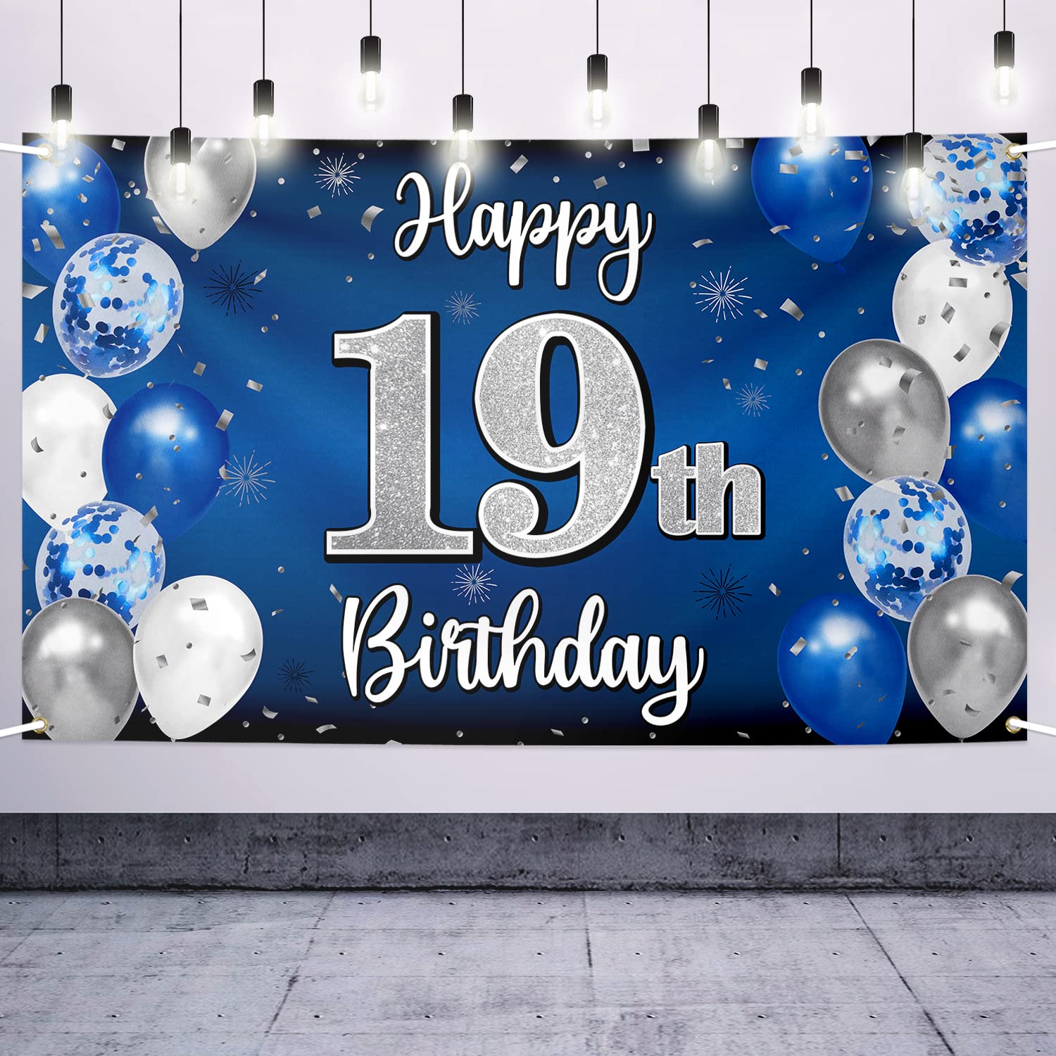 Nelbiirth Happy 19th Birthday Decorations19th Blue & Silver Balloon Large Birthday Banner Backdrop SignCheers to Nineteen Years Old Bday Party Supplies.