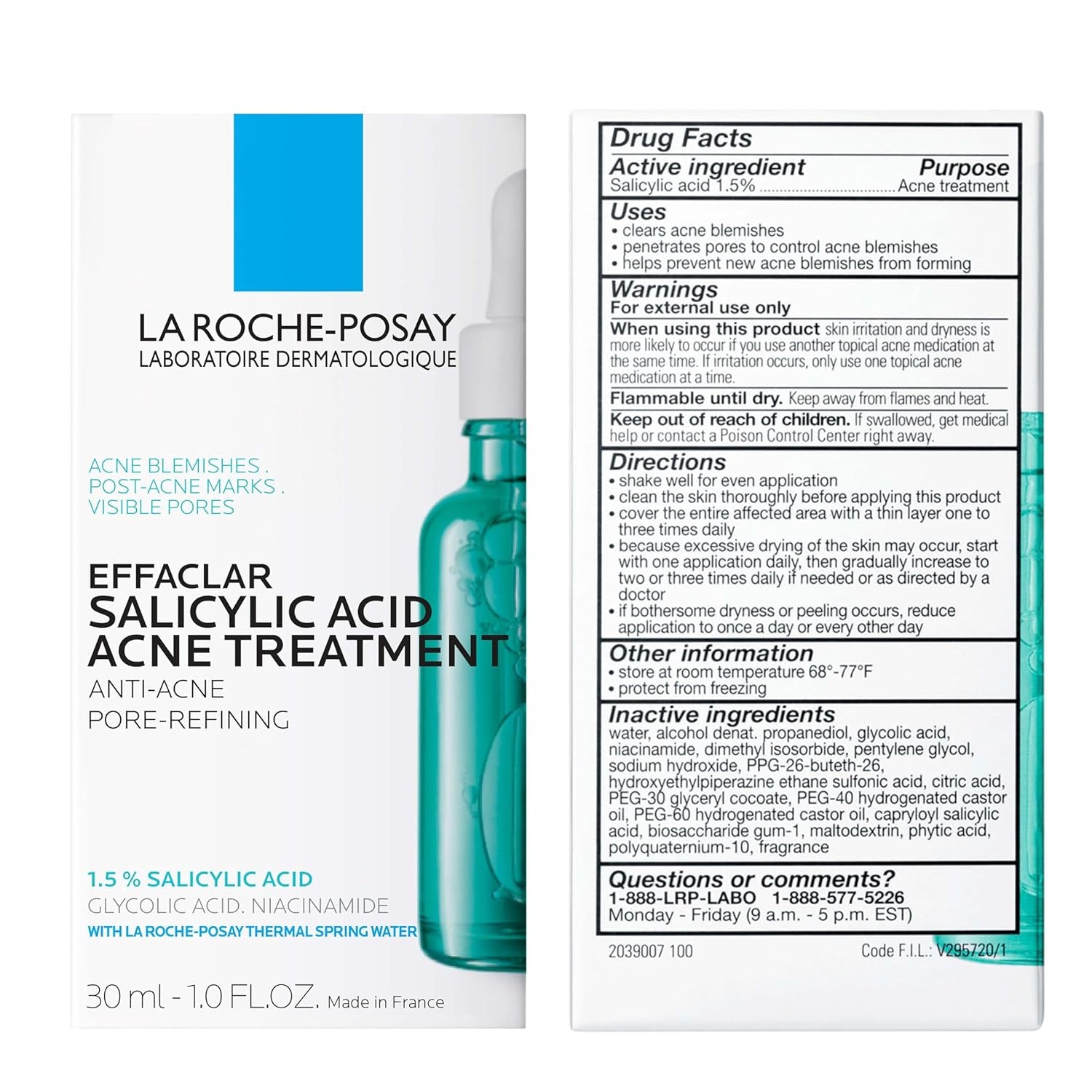 La Roche-Posay Effaclar 1.5% Salicylic Acid Serum, Acne Treatment for Face with Glycolic Acid & Niacinamide, Acne Serum Helps Clear Blackheads, Whiteheads, Pimples & Reduces Post Acne Marks