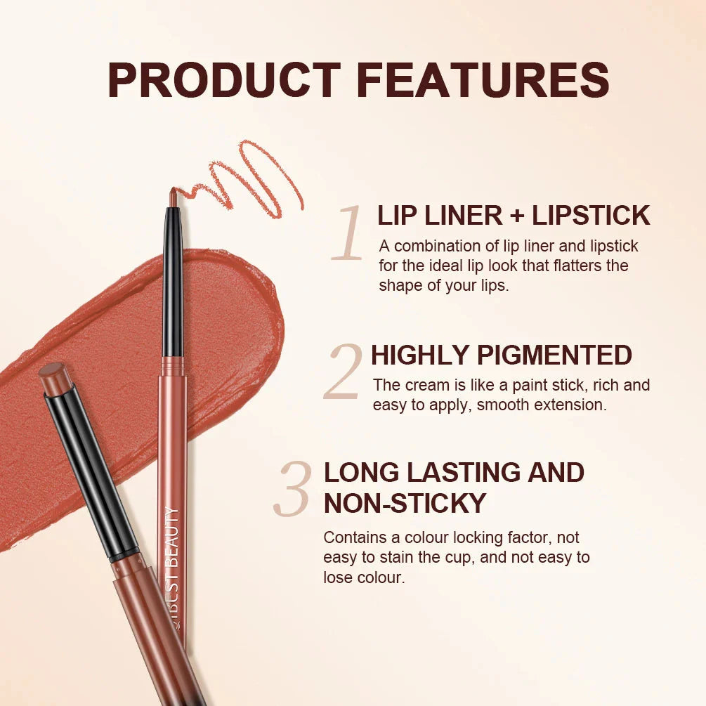 QIBEST 2Pcs Lipstick Lipliner Pen Set Matte Nude Lip Liner Pencil Waterproof Long Lasting Lipstick Pen Contour Makeup for Women