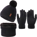 3Pcs Winter Women Beanie Hat Scarf and Touch Screen Gloves Sets Girls Classic Knit Warm Chunky Fleece Lined Cable Cap